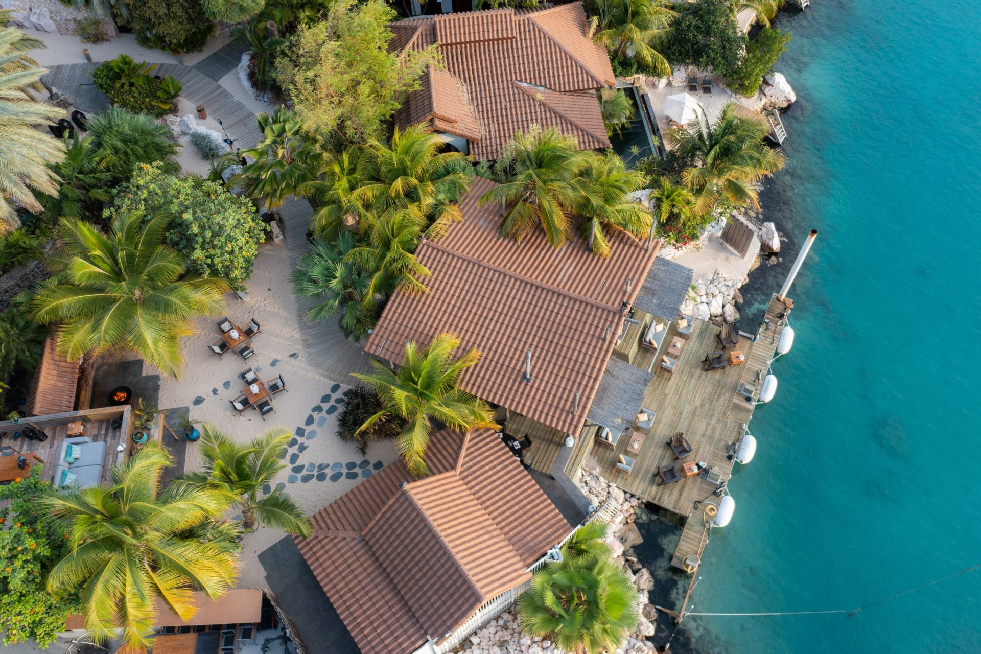 Aerial view of a restaurant next to the sea
