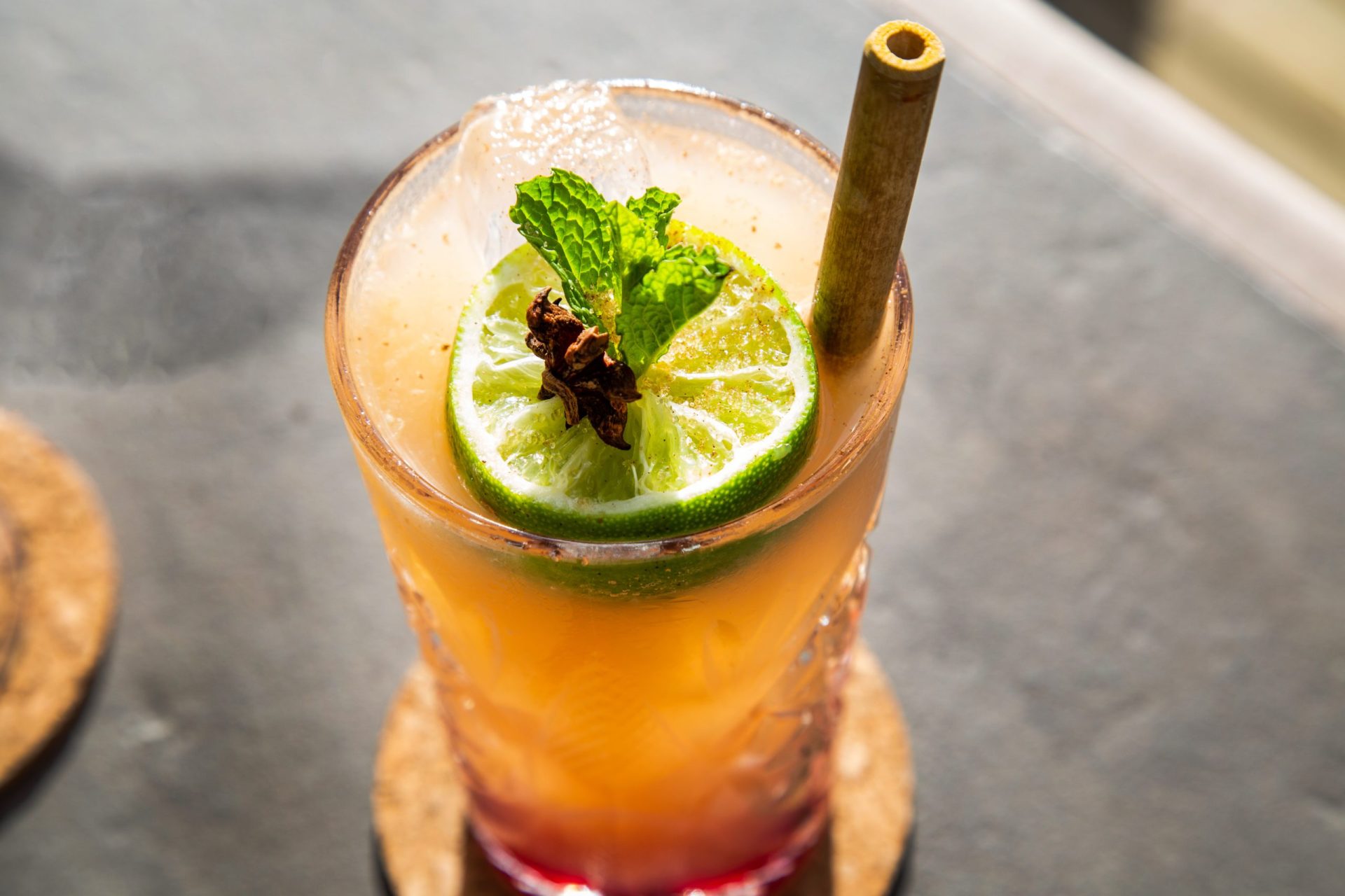 Close-up of a cocktail with lime