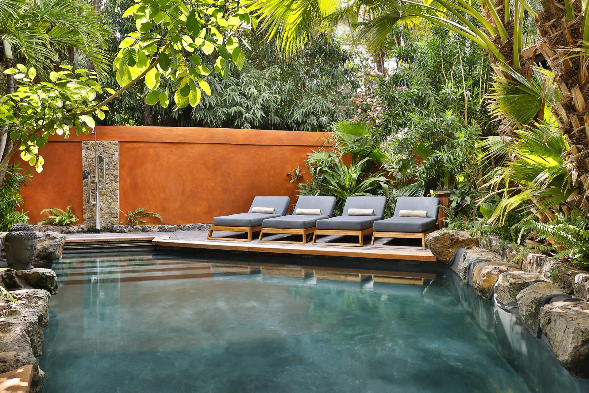 Private pool with outside shower and beach beds