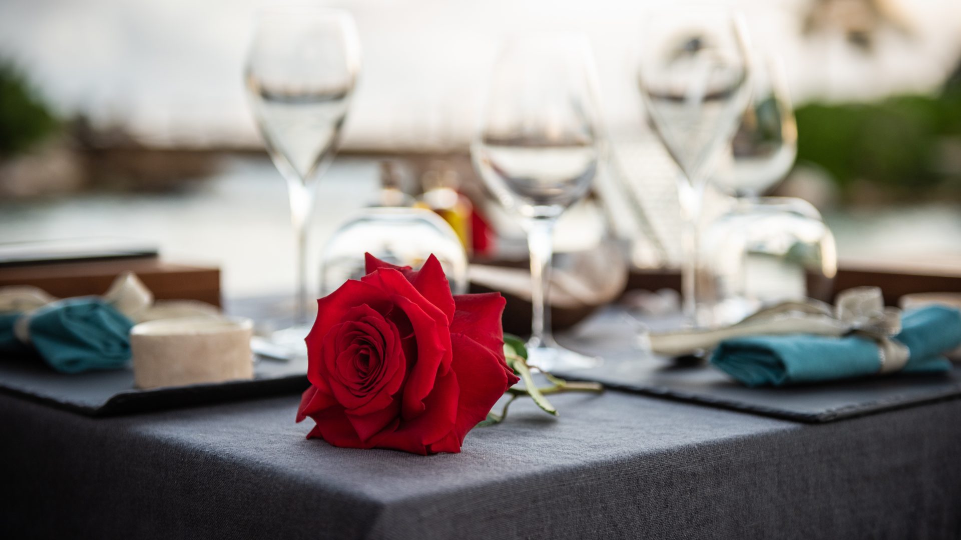 Red rose on the dinner table in the caribbean